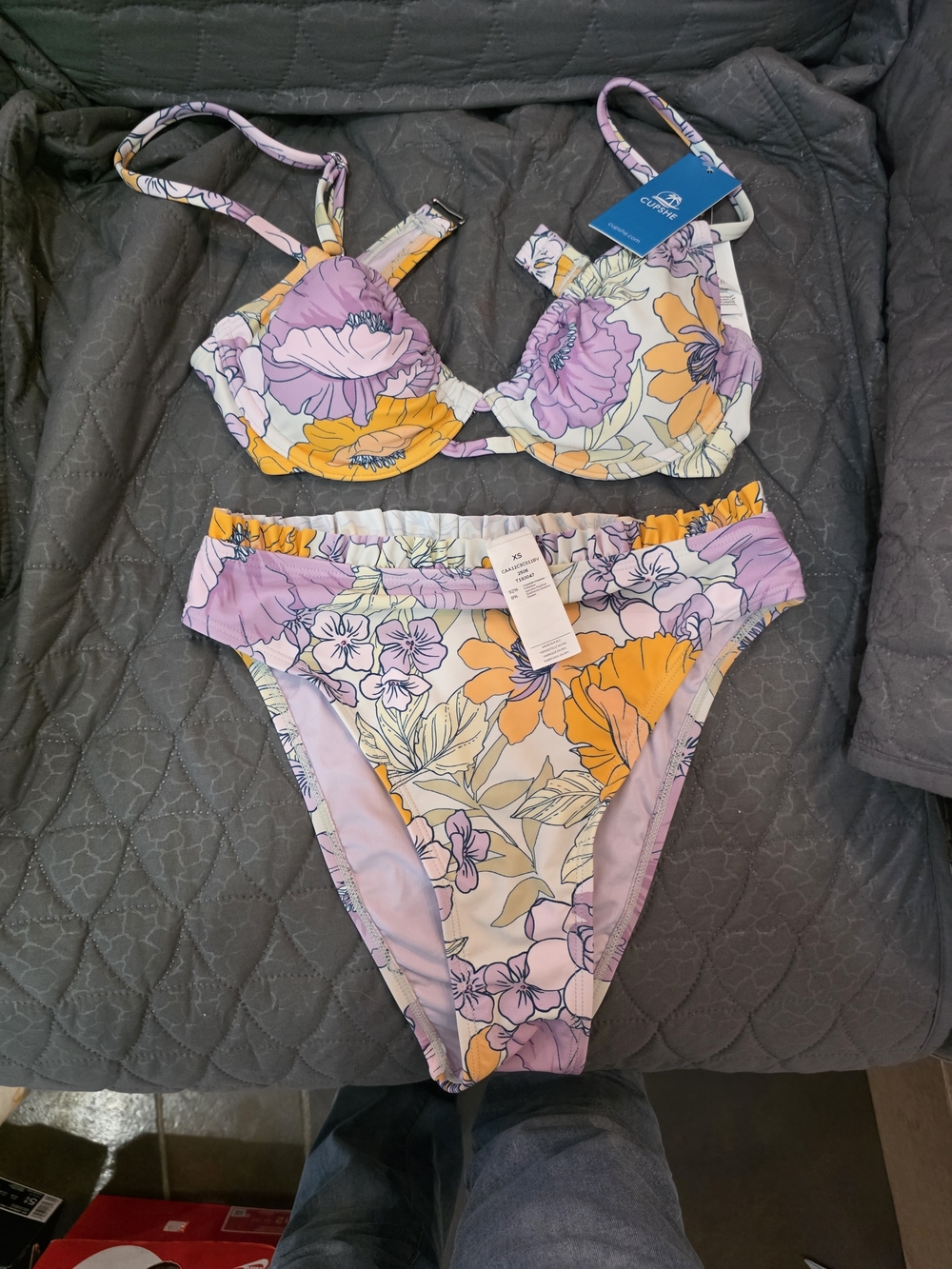 Cupshe Floral Bandeau Bikini Set in Purple & Yellow - Women’s Swim Size Xs
